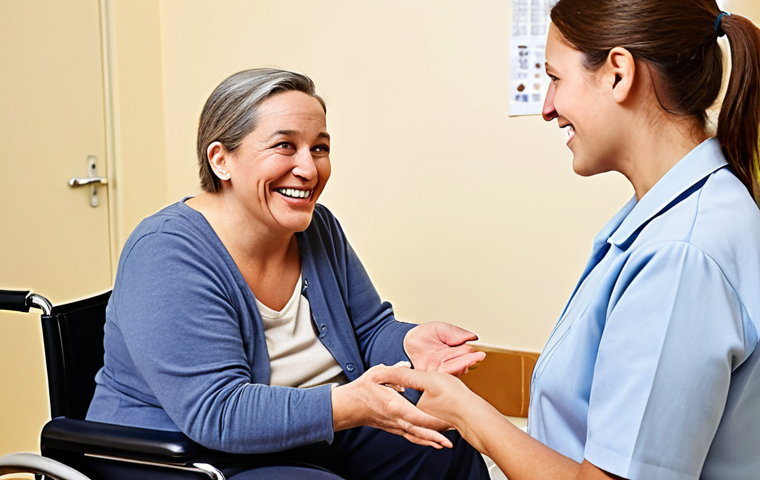 **

A mature individual with a warm smile, confidently engaging in a consultation session with a person with a disability. The setting should be a bright and welcoming rehabilitation center. Depict empathy and active listening.

**