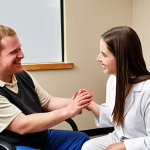 **

A warm and supportive scene depicting a Disability Rehabilitation Counselor interacting with a client (person with a disability). The setting could be a bright and welcoming office or rehabilitation center. Focus on conveying empathy, professionalism, and hope. Include elements symbolizing rehabilitation and empowerment.

**