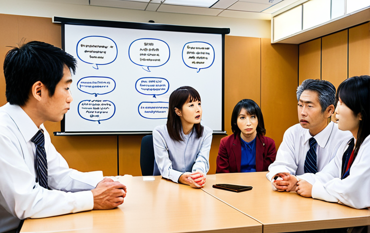 **

"A group of Japanese rehabilitation counselors intently participating in a case study discussion.  Diverse ages and backgrounds are represented.  The atmosphere is collaborative and engaged. Whiteboard with Japanese text highlighting key discussion points in the background. Modern, brightly lit conference room."

**