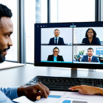 A diverse group of professional rehabilitation counselors collaborating virtually in a modern, well-lit office setting. They are engaged in a lively online discussion, sharing insights and case studies via laptops and large screens displaying data visualizations and charts. Each counselor is fully clothed in professional business attire, appearing focused and supportive. The scene emphasizes innovation, collective intelligence, and knowledge sharing across geographical boundaries.
