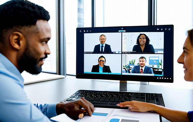 A diverse group of professional rehabilitation counselors collaborating virtually in a modern, well-lit office setting. They are engaged in a lively online discussion, sharing insights and case studies via laptops and large screens displaying data visualizations and charts. Each counselor is fully clothed in professional business attire, appearing focused and supportive. The scene emphasizes innovation, collective intelligence, and knowledge sharing across geographical boundaries.
