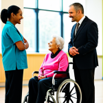 ** A professional rehabilitation therapist, fully clothed in modest, professional attire, stands confidently in a modern, brightly lit community center. They are engaged in a warm, collaborative discussion with a diverse group of community members, including an elderly woman and an individual seated in a wheelchair, all fully clothed. The background features blurred elements of a vibrant, active community space, suggesting shared activities and social interaction. Perfect anatomy, correct proportions, natural pose, well-formed hands, proper finger count, natural body proportions, professional photography, high quality, safe for work, appropriate content, family-friendly.

**
