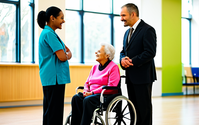** A professional rehabilitation therapist, fully clothed in modest, professional attire, stands confidently in a modern, brightly lit community center. They are engaged in a warm, collaborative discussion with a diverse group of community members, including an elderly woman and an individual seated in a wheelchair, all fully clothed. The background features blurred elements of a vibrant, active community space, suggesting shared activities and social interaction. Perfect anatomy, correct proportions, natural pose, well-formed hands, proper finger count, natural body proportions, professional photography, high quality, safe for work, appropriate content, family-friendly.

**