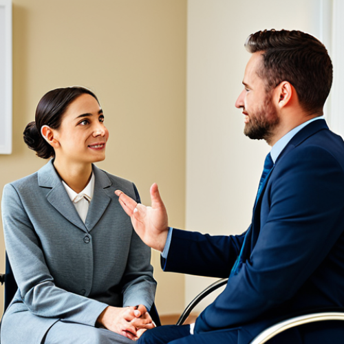 A professional female disability rehabilitation counselor in her mid-30s, wearing modest, professional business attire, seated across from a male client in a bright, modern counseling room. The counselor leans slightly forward, exhibiting deep empathy and active listening through her warm expression and direct eye contact. The client appears comfortable and at ease. The room features soft lighting and minimalist decor. high-resolution, professional photography, soft lighting, natural colors, fully clothed, modest clothing, appropriate attire, professional dress, perfect anatomy, correct proportions, natural pose, well-formed hands, proper finger count, natural body proportions, safe for work, appropriate content, professional, family-friendly.