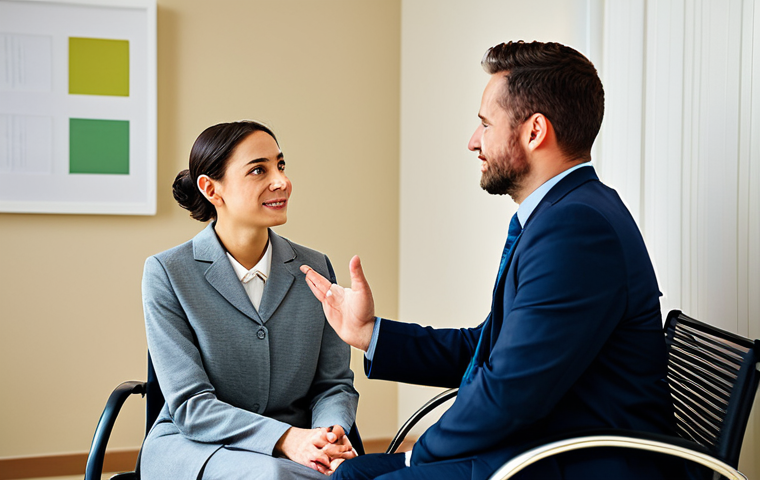 A professional female disability rehabilitation counselor in her mid-30s, wearing modest, professional business attire, seated across from a male client in a bright, modern counseling room. The counselor leans slightly forward, exhibiting deep empathy and active listening through her warm expression and direct eye contact. The client appears comfortable and at ease. The room features soft lighting and minimalist decor. high-resolution, professional photography, soft lighting, natural colors, fully clothed, modest clothing, appropriate attire, professional dress, perfect anatomy, correct proportions, natural pose, well-formed hands, proper finger count, natural body proportions, safe for work, appropriate content, professional, family-friendly.