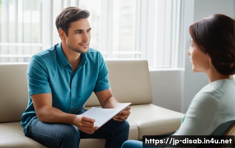 장애인재활상담사 상담 결과 평가 - **Prompt 1: The Compassionate Dialogue of Self-Discovery**
    A warm and inviting scene inside a mo...