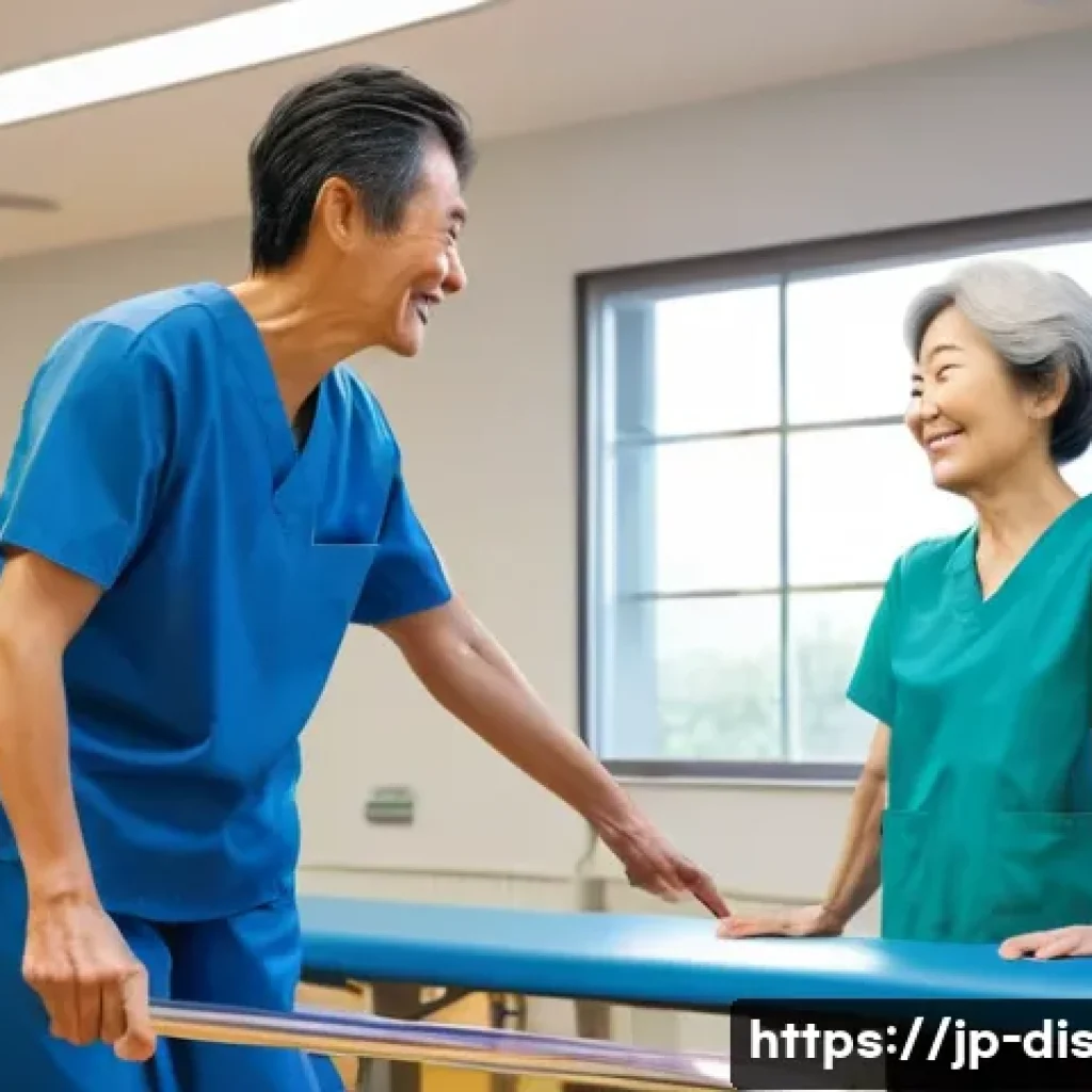 장애인재활상담사 연봉 평균 - **Prompt**: A caring Japanese physical therapist (PT) in her early 30s, wearing clean blue scrubs, g...