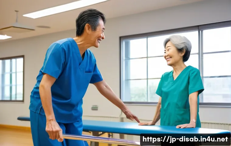 장애인재활상담사 연봉 평균 - **Prompt**: A caring Japanese physical therapist (PT) in her early 30s, wearing clean blue scrubs, g...