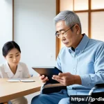 장애인재활상담사 경력 설계 - A professional Japanese rehabilitation counselor in a modern clinic setting, attentively listening t...