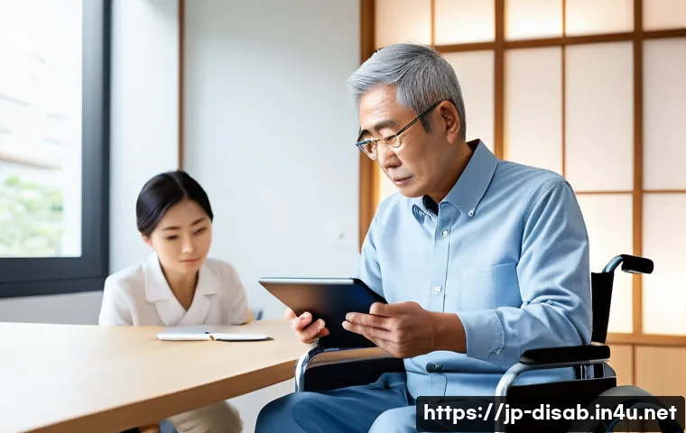장애인재활상담사 경력 설계 - A professional Japanese rehabilitation counselor in a modern clinic setting, attentively listening t...