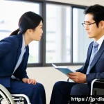 장애인재활상담사 진로 멘토링 - A professional Japanese rehabilitation counselor in a modern hospital setting, attentively listening...