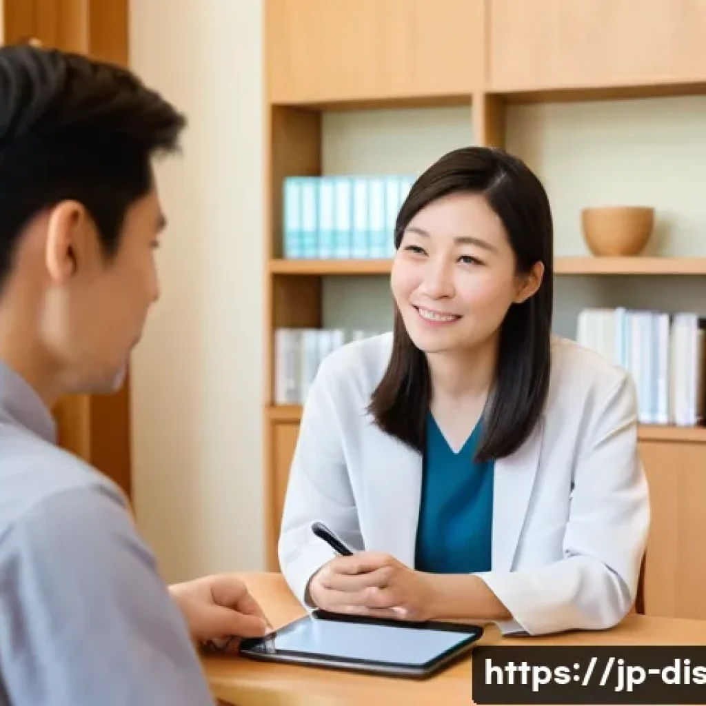 장애인재활상담사 성공 사례 - A compassionate rehabilitation counselor attentively listening to a middle-aged Japanese client in a...