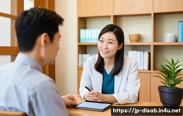 장애인재활상담사 성공 사례 - A compassionate rehabilitation counselor attentively listening to a middle-aged Japanese client in a...