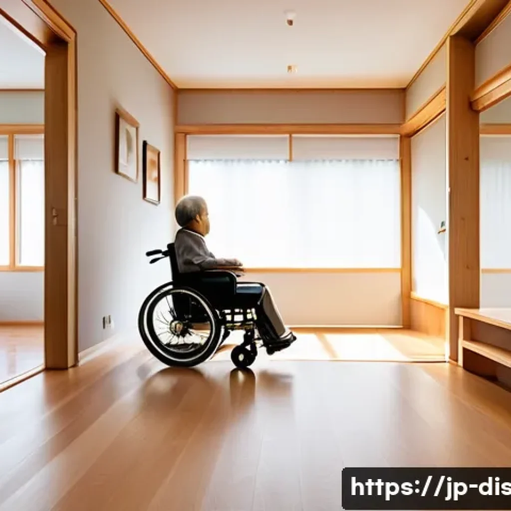 장애인재활상담사와 장애인 자립 - A warm, modern Japanese home interior showing barrier-free design for wheelchair accessibility: smoo...