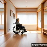 장애인재활상담사와 장애인 자립 - A warm, modern Japanese home interior showing barrier-free design for wheelchair accessibility: smoo...