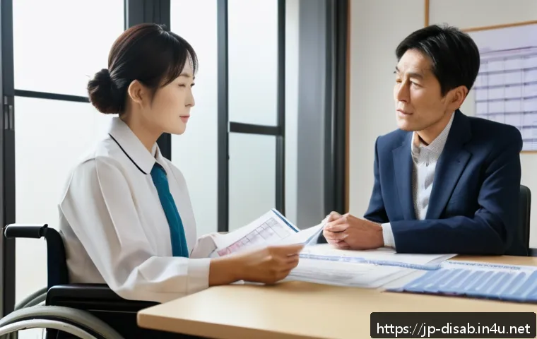 장애인재활상담사 법적 의무 - A professional Japanese rehabilitation counselor in a modern healthcare office, wearing business cas...