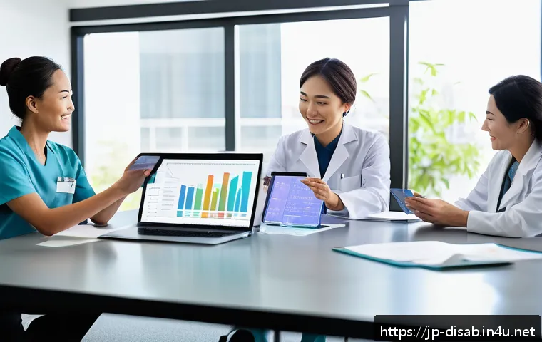 장애인재활상담사와 사례관리 데이터 활용 - A modern rehabilitation center scene showing a diverse team of professionals including a physical th...