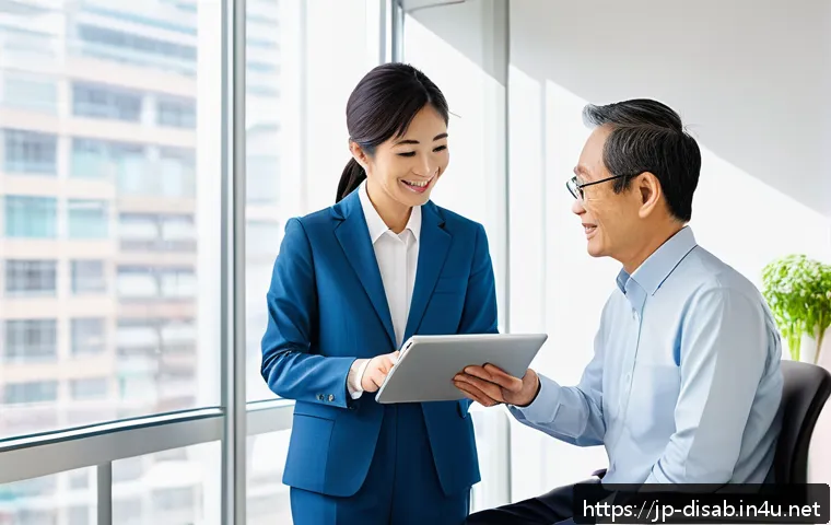 장애인재활상담사 필수 법률 지식 - A professional rehabilitation counselor in a modern Japanese clinic setting, wearing smart business ...