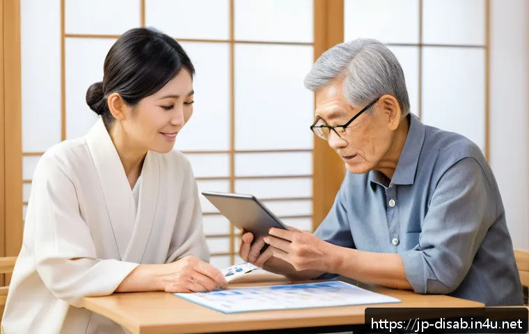 장애인재활상담사 윤리 이슈 - A professional rehabilitation counselor attentively explaining a care plan to an elderly Japanese cl...
