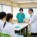 장애인재활상담사 업무 만족도와 성장 - A professional rehabilitation counselor in a modern Japanese hospital setting, engaging warmly with ...