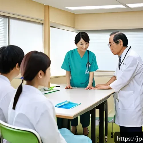 장애인재활상담사 업무 만족도와 성장 - A professional rehabilitation counselor in a modern Japanese hospital setting, engaging warmly with ...