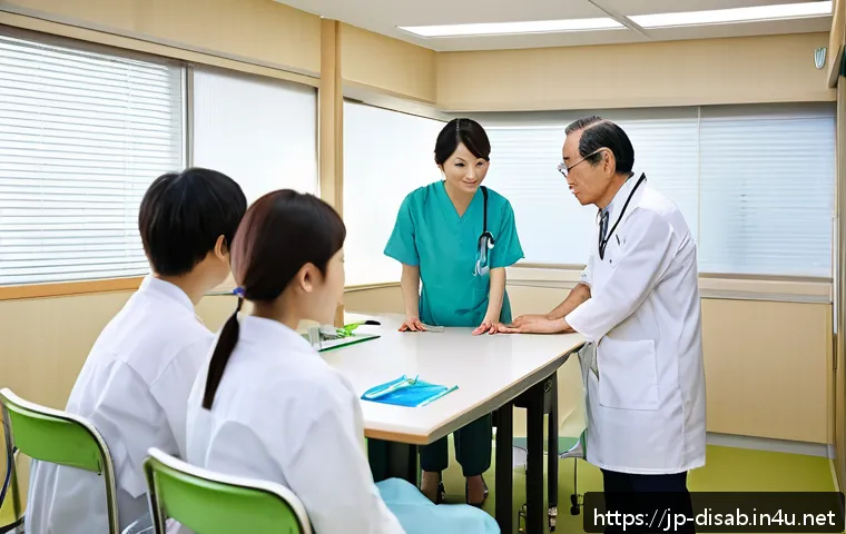 장애인재활상담사 업무 만족도와 성장 - A professional rehabilitation counselor in a modern Japanese hospital setting, engaging warmly with ...