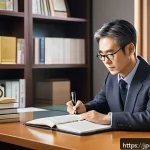 장애인재활상담사 자격증 최신 정보 - A professional Japanese rehabilitation counselor studying efficiently at a modern desk with textbook...