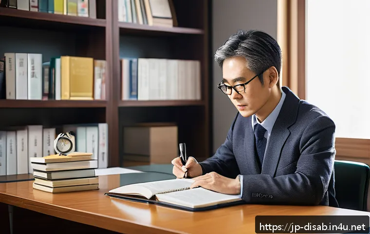 장애인재활상담사 자격증 최신 정보 - A professional Japanese rehabilitation counselor studying efficiently at a modern desk with textbook...