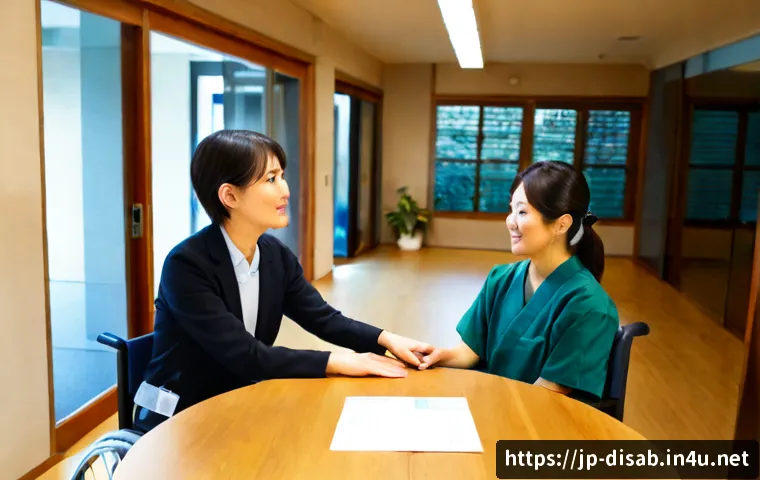 장애인재활상담사 팀워크 사례 - Photorealistic rehabilitation counseling team meeting in a modern Japanese community support center,...