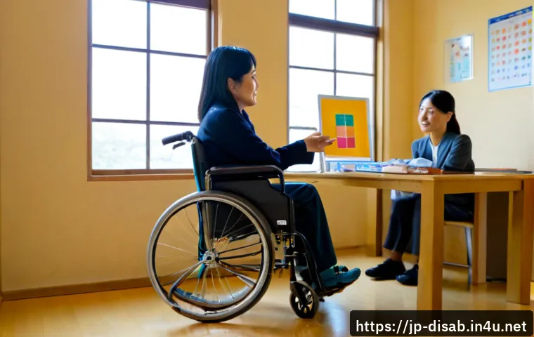 장애인재활상담사와 장애인 건강 관리 - Photorealistic rehabilitation counseling session in a bright, accessible Japanese community health c...
