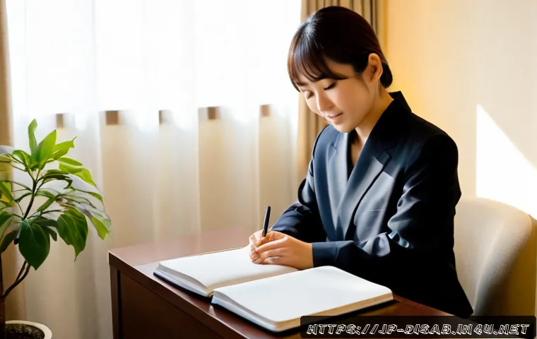 장애인재활상담사 감정노동 극복법 - Photorealistic Japanese rehabilitation counselor in a calm private consultation room, seated at a ti...